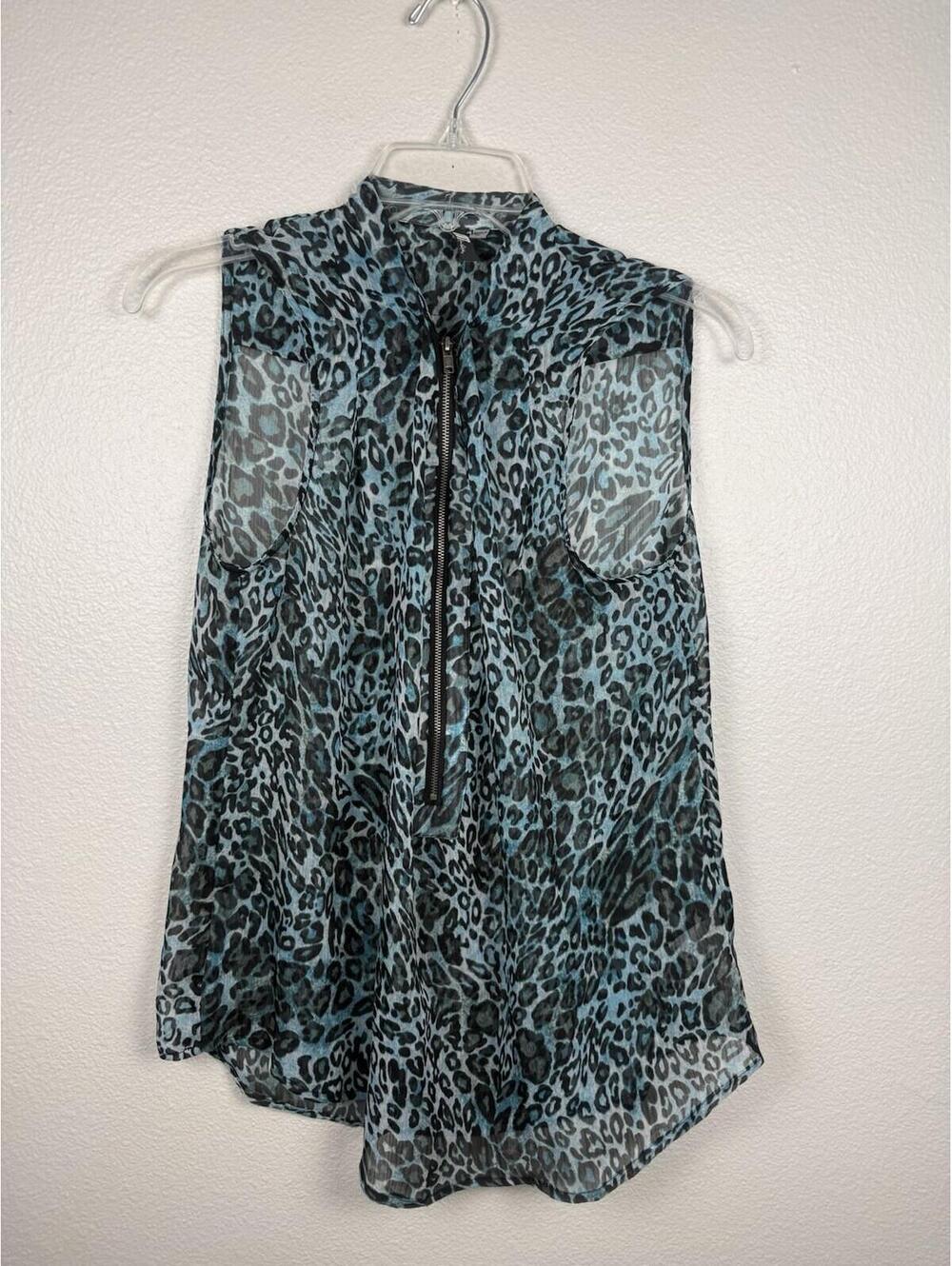 Kut From The Kloth Blue Leopard Print Sleeveless Sheer Zip Front Blouse M